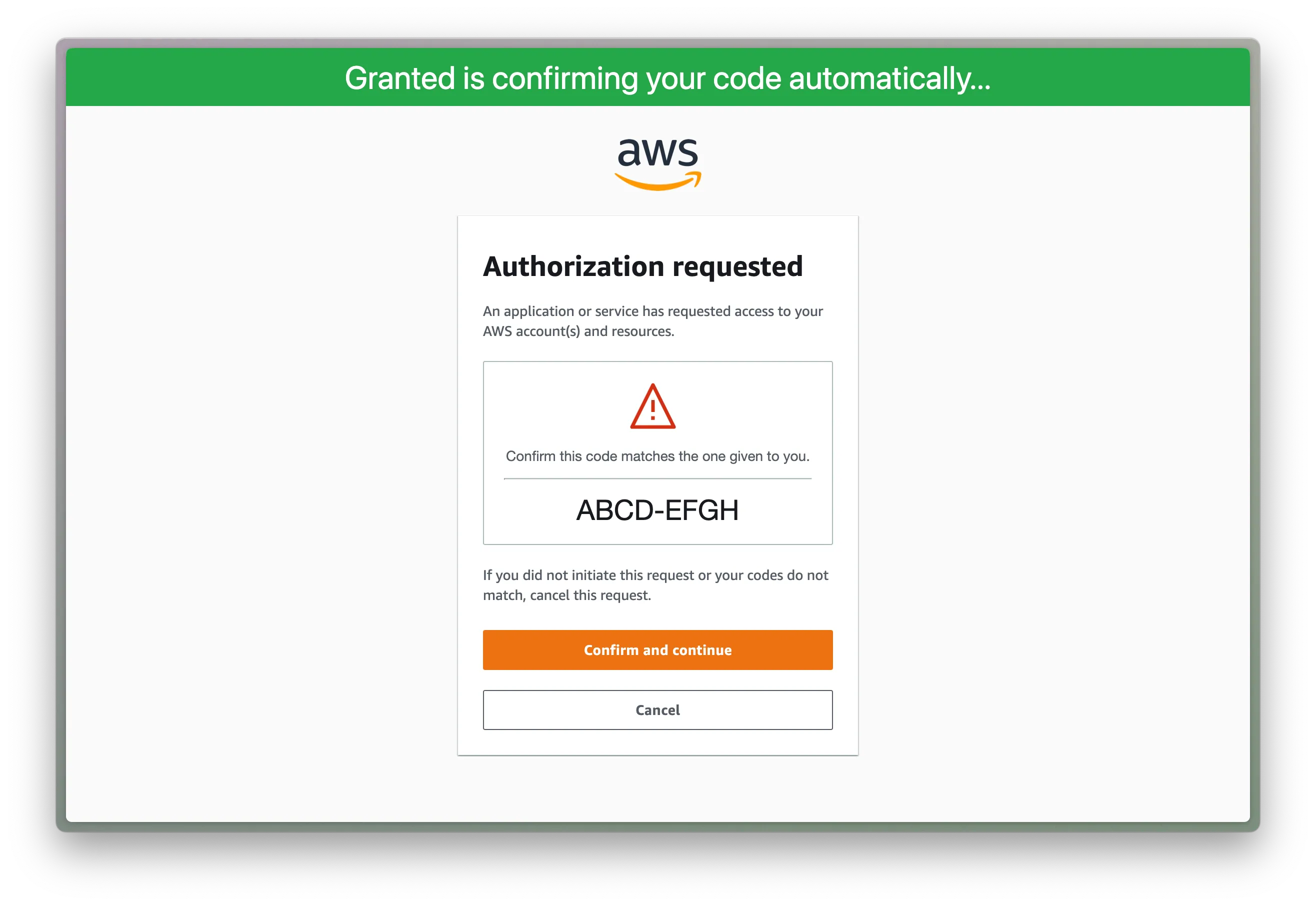 Screenshot of the AWS IAM Identity Center login page, showing a confirmation code to be checked by the user. The Granted Browser Extension is installed and a banner is shown at the top of the page. The banner reads: "Granted is confirming your code automatically"