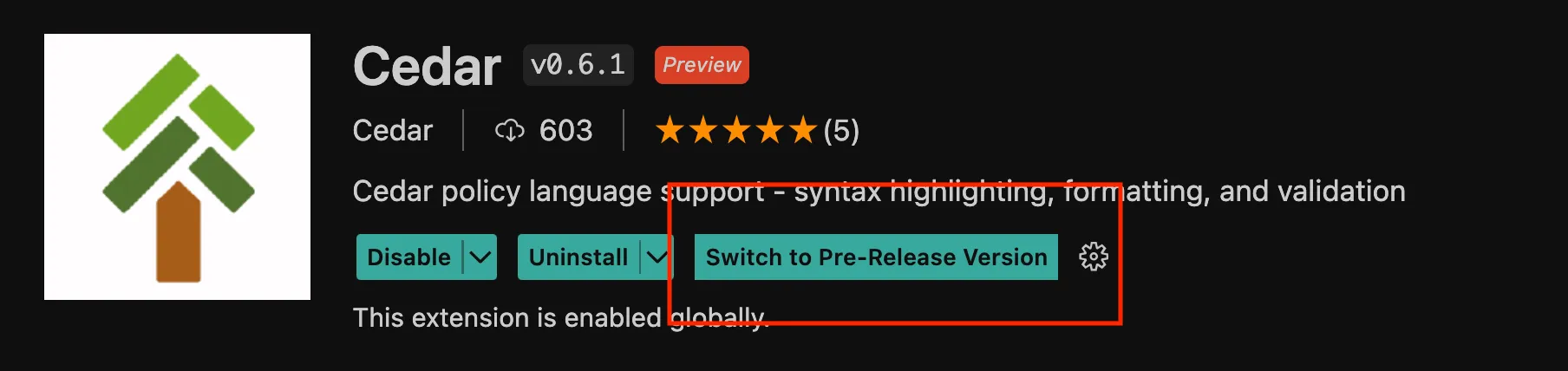 Common Fate uses Cedar v3, which requires the pre-release version of the Cedar VS Code extension.