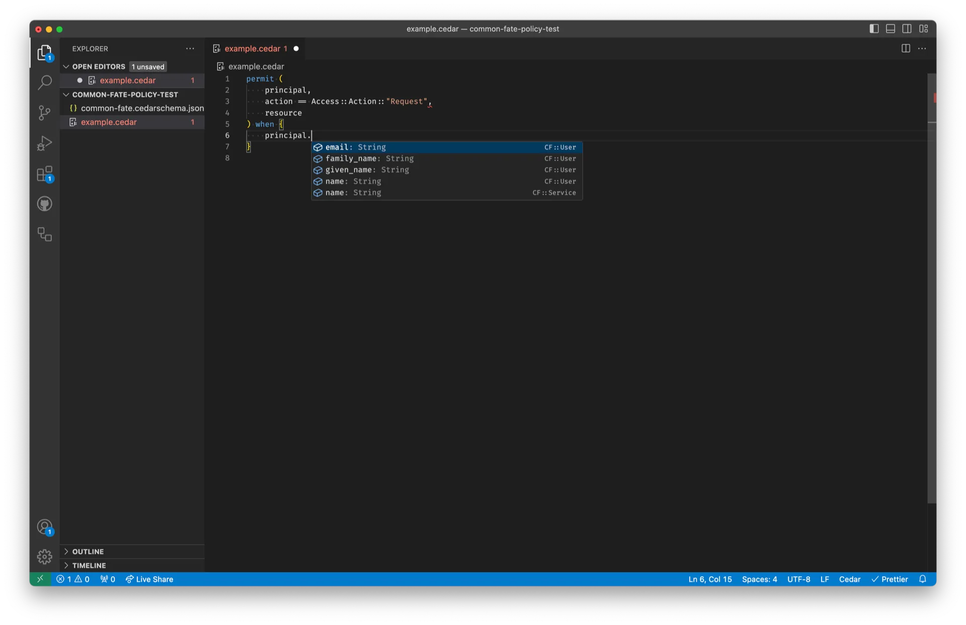 Screenshot of Cedar VS Code extension with policy editing